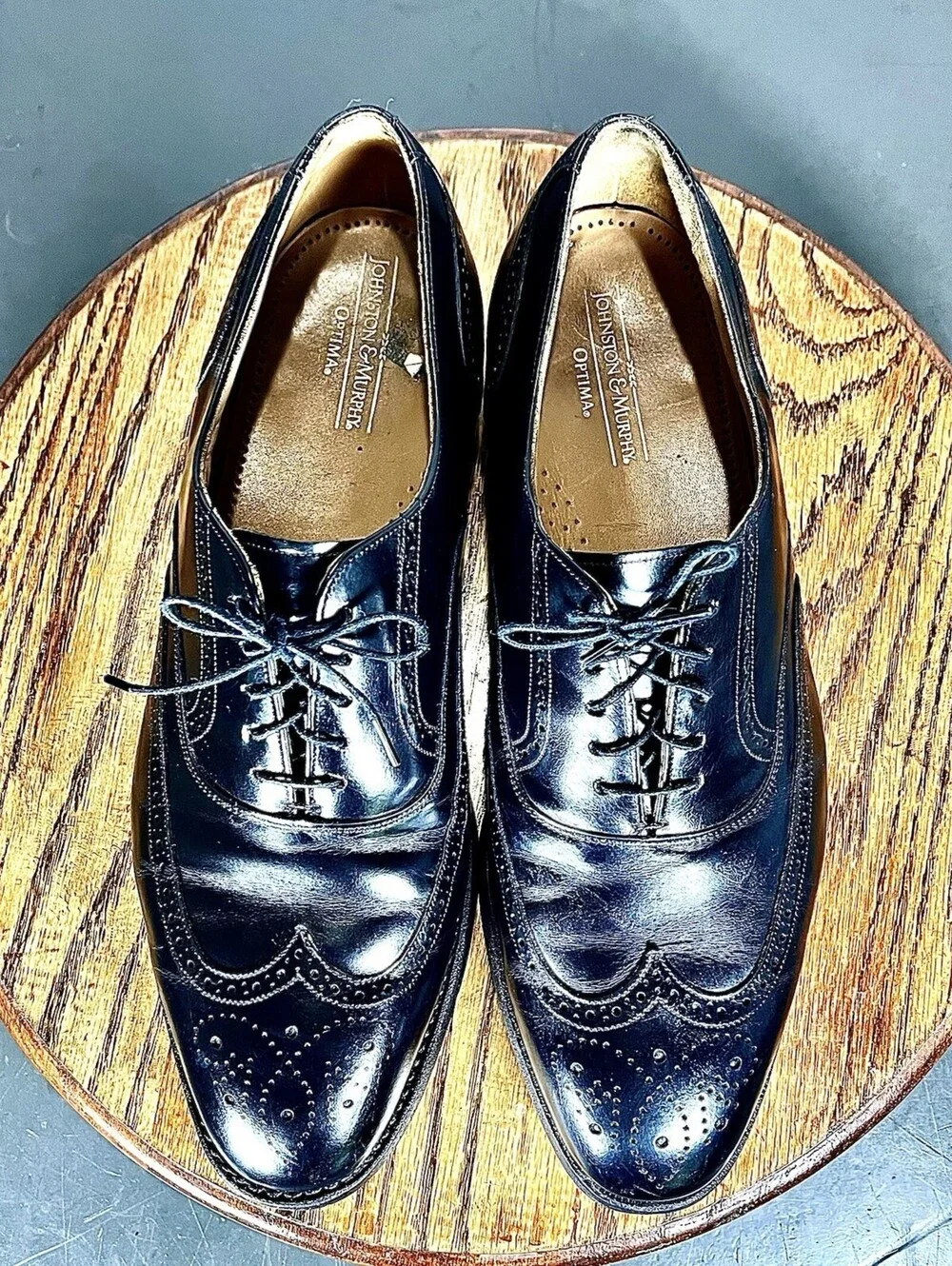 Johnson Murphy Optima 11.5 D Black Leather Wingtip Brogue Oxford Shoes